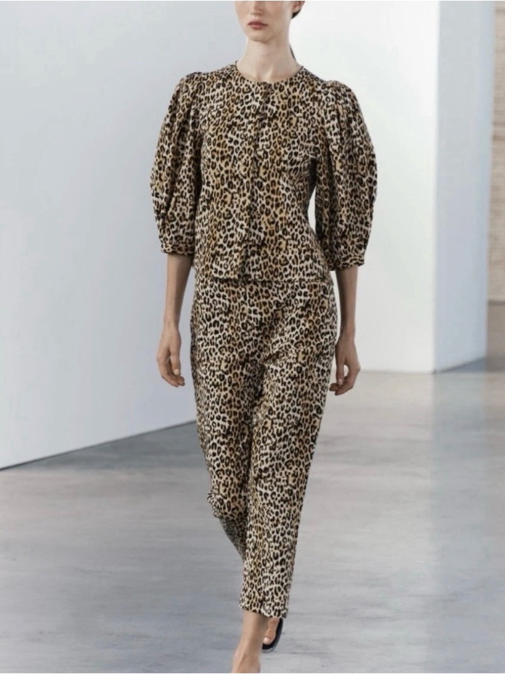 Zara Leopard Print Puff-Sleeve Jumpsuit - Beige/Black